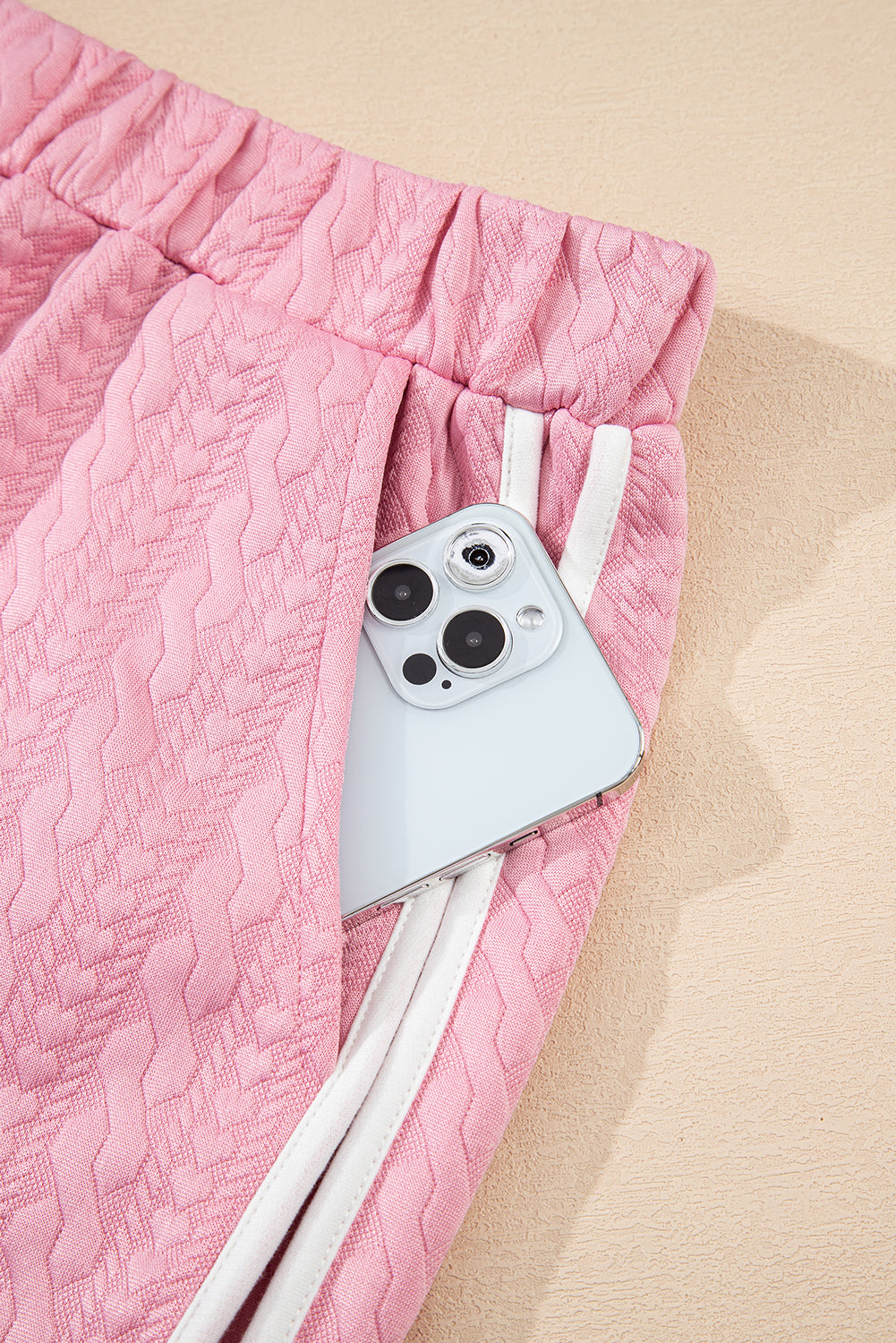 Pink Contrast Trim Textured Crewneck Tee and Pocketed Skirt Set