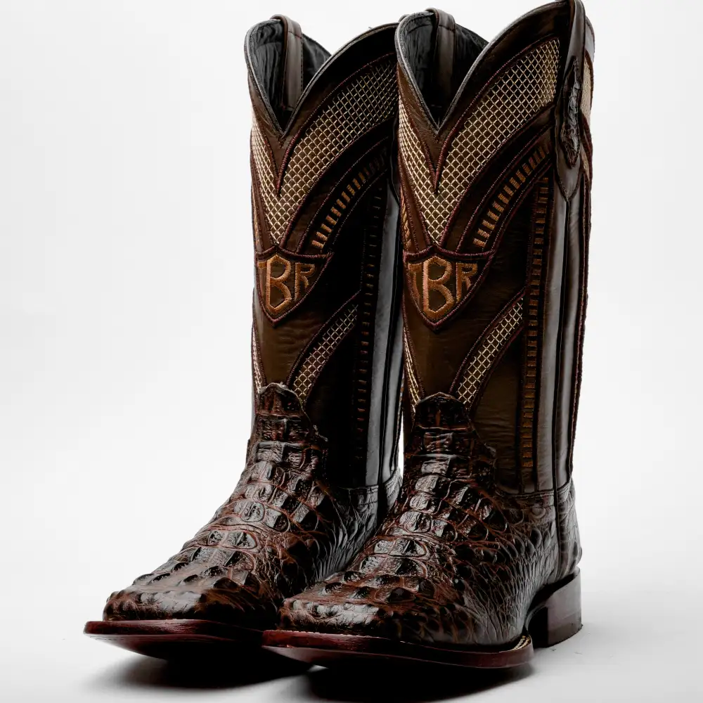 Brown Caiman Neck Leather Boots - Square Toe
