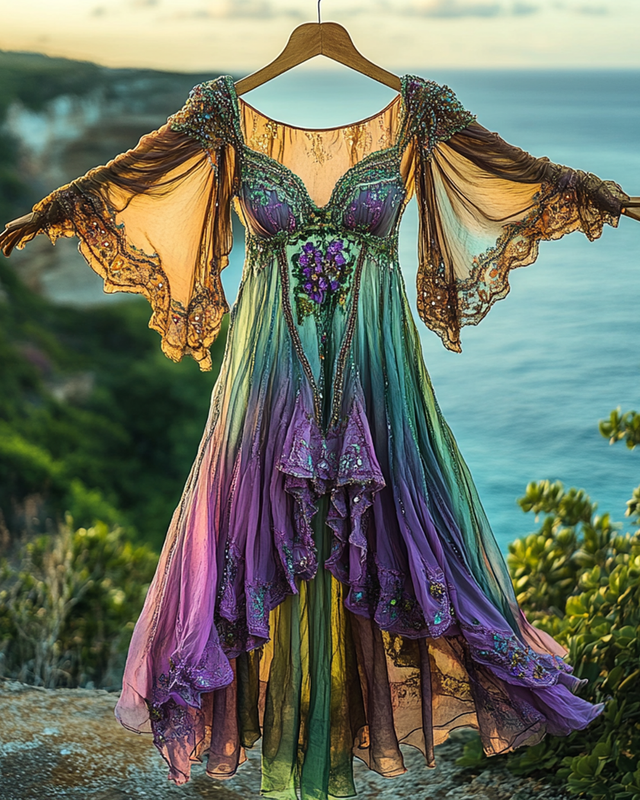 Summer Vacation Floral Embroidery Sequins Beaded Ruffle Dress 0d2b