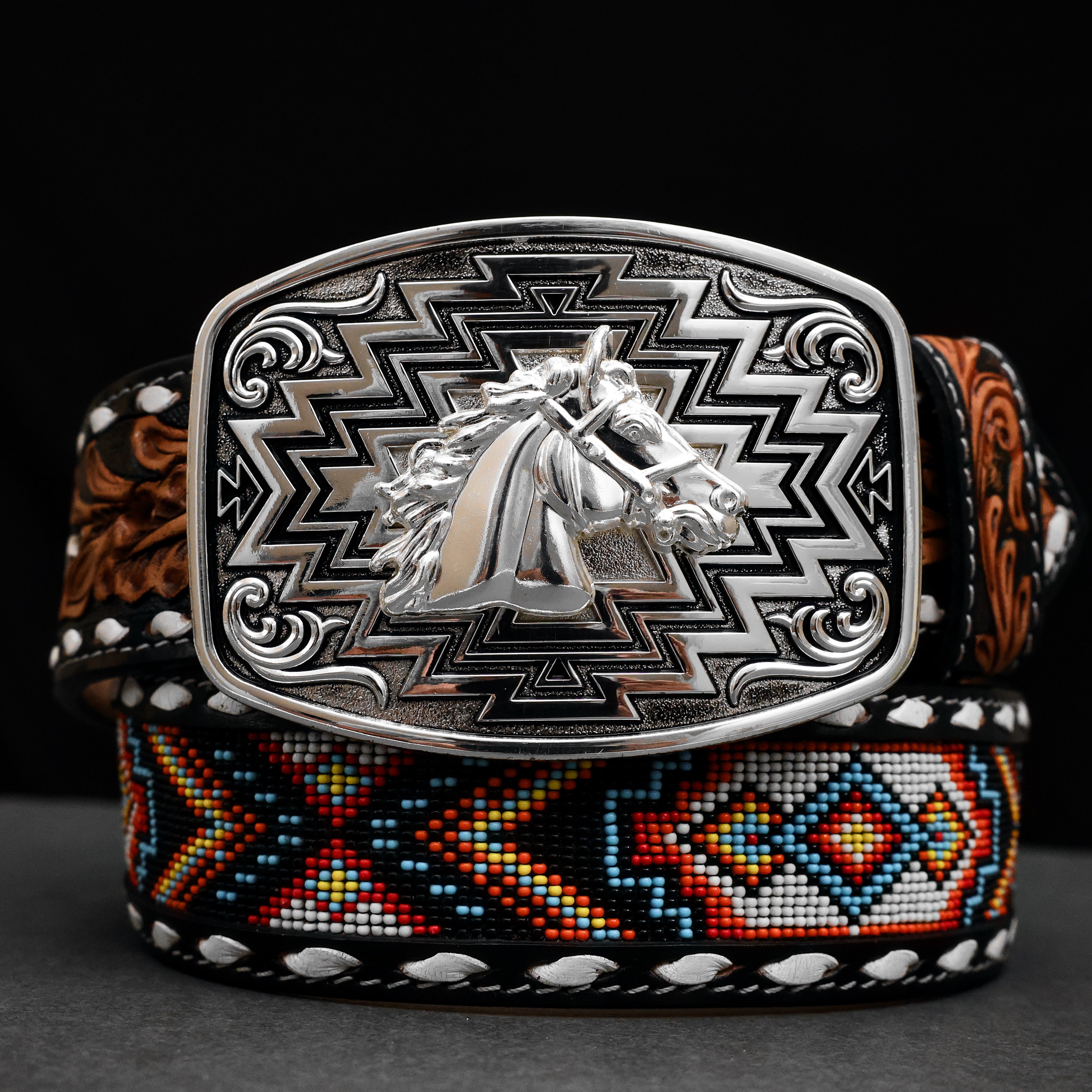 2 Inch Hand-Tooled Artesanal Beaded Leather Belt