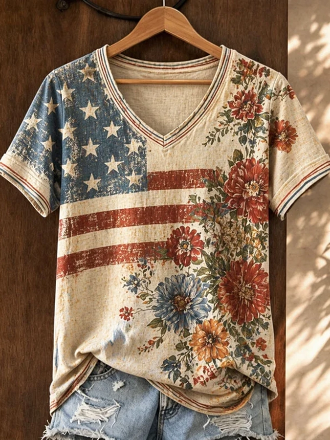 Women's Casual Retro Patriotic T-shirt