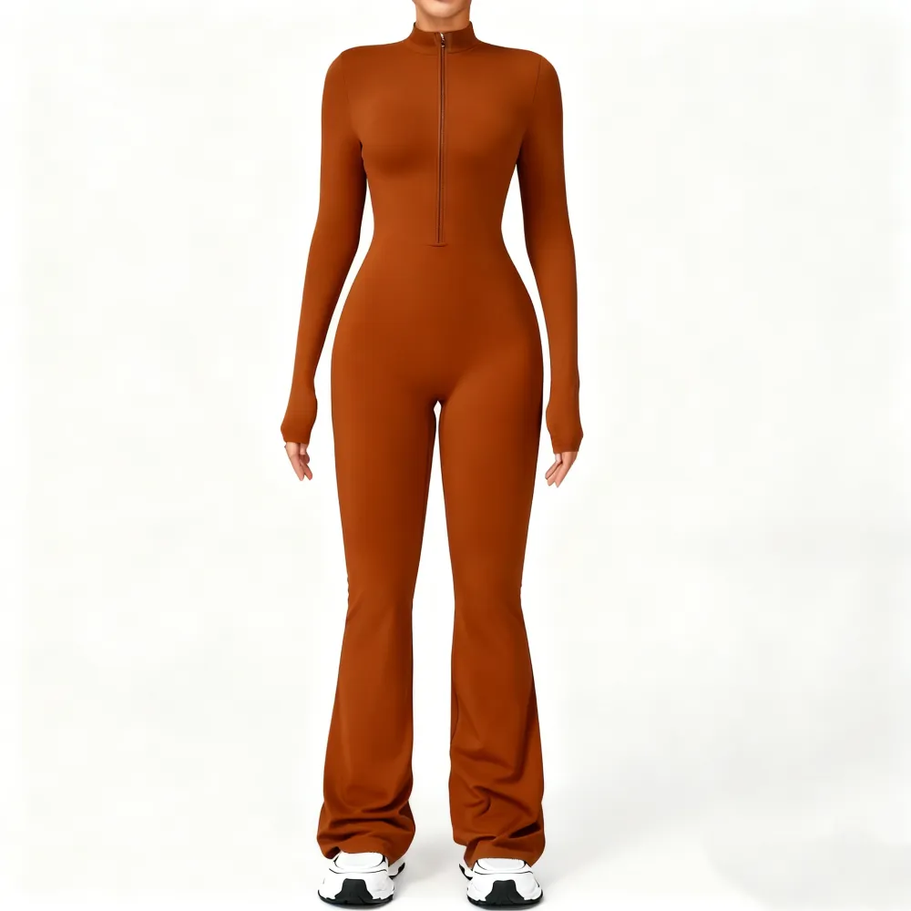 Women's Long Sleeve Flared Sports Jumpsuit - Zipper Jumpsuit