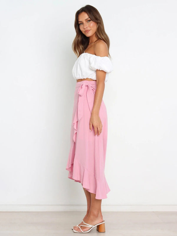 Waist Tie Solid Color Irregular Midi Flare Skirt