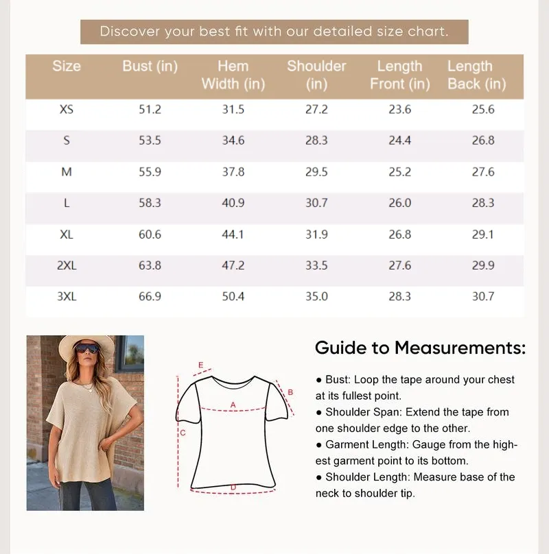 Women’s Oversized Knit Top – Casual Crew Neck Short Sleeve Sweater with Side Slit