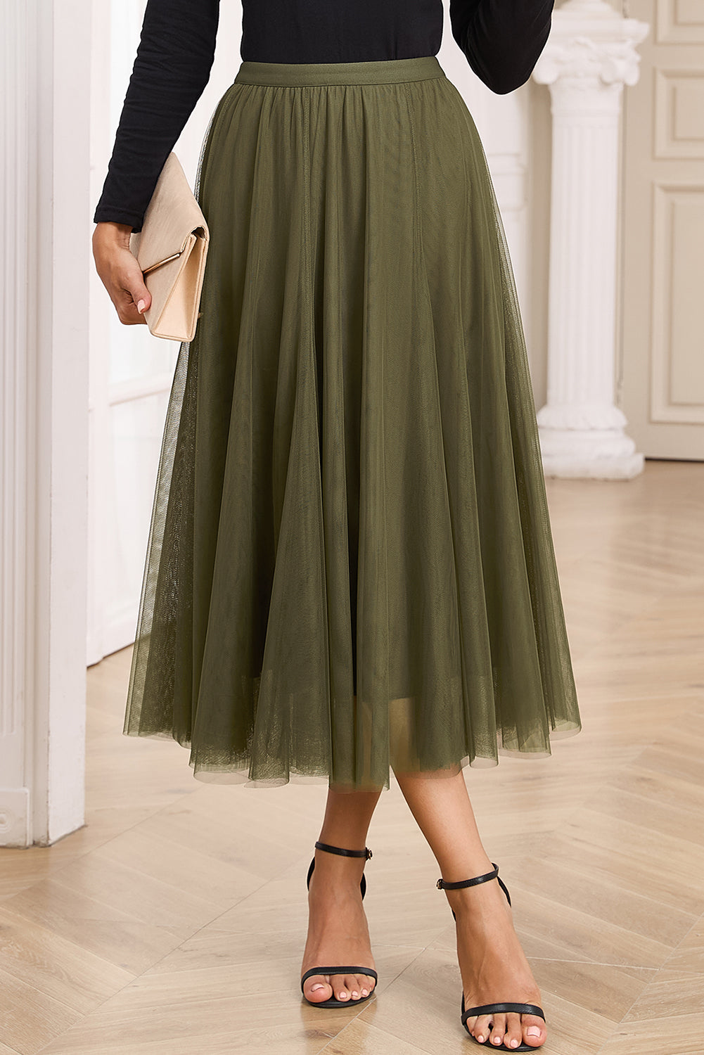 Jungle Green Tulle Mesh Overlay Flared Midi Skirt