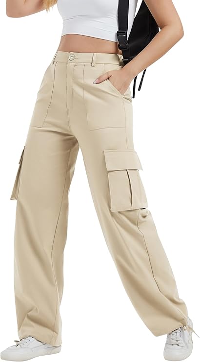 Women's Stretchy High-Waisted Cargo Pants – Lightweight Linen Streetwear with Adjustable Cuffs & Multiple Pockets