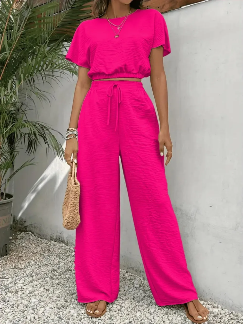 Women's Solid Color Fitted Top & Wide Leg Pants Two-piece Set, Casual Round Neck Top & Drawstring Waist Trousers for Summer