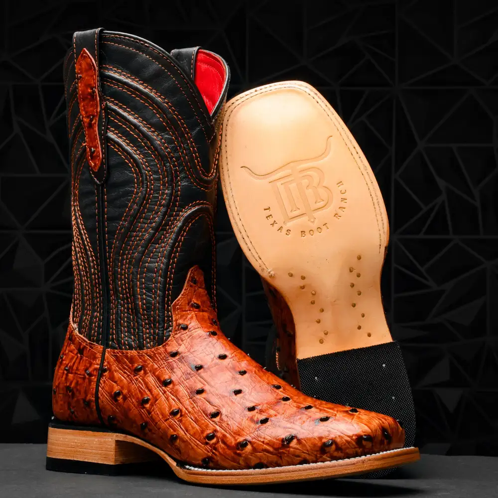 Cognac Ostrich Leather Boots - Square Toe