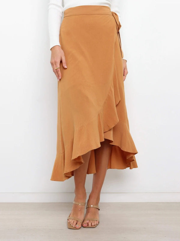 Waist Tie Solid Color Irregular Midi Flare Skirt