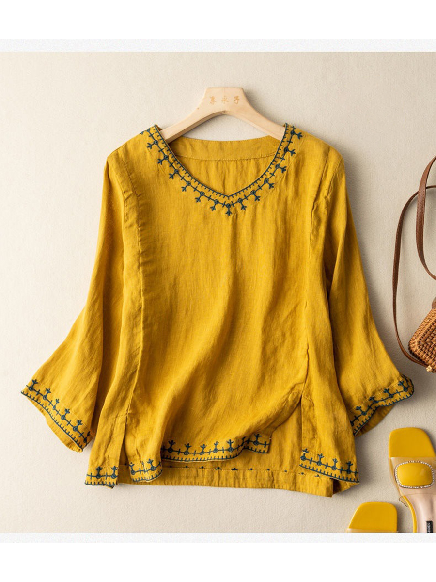 Women's Casual Cotton and Linen Embroidered Shirt