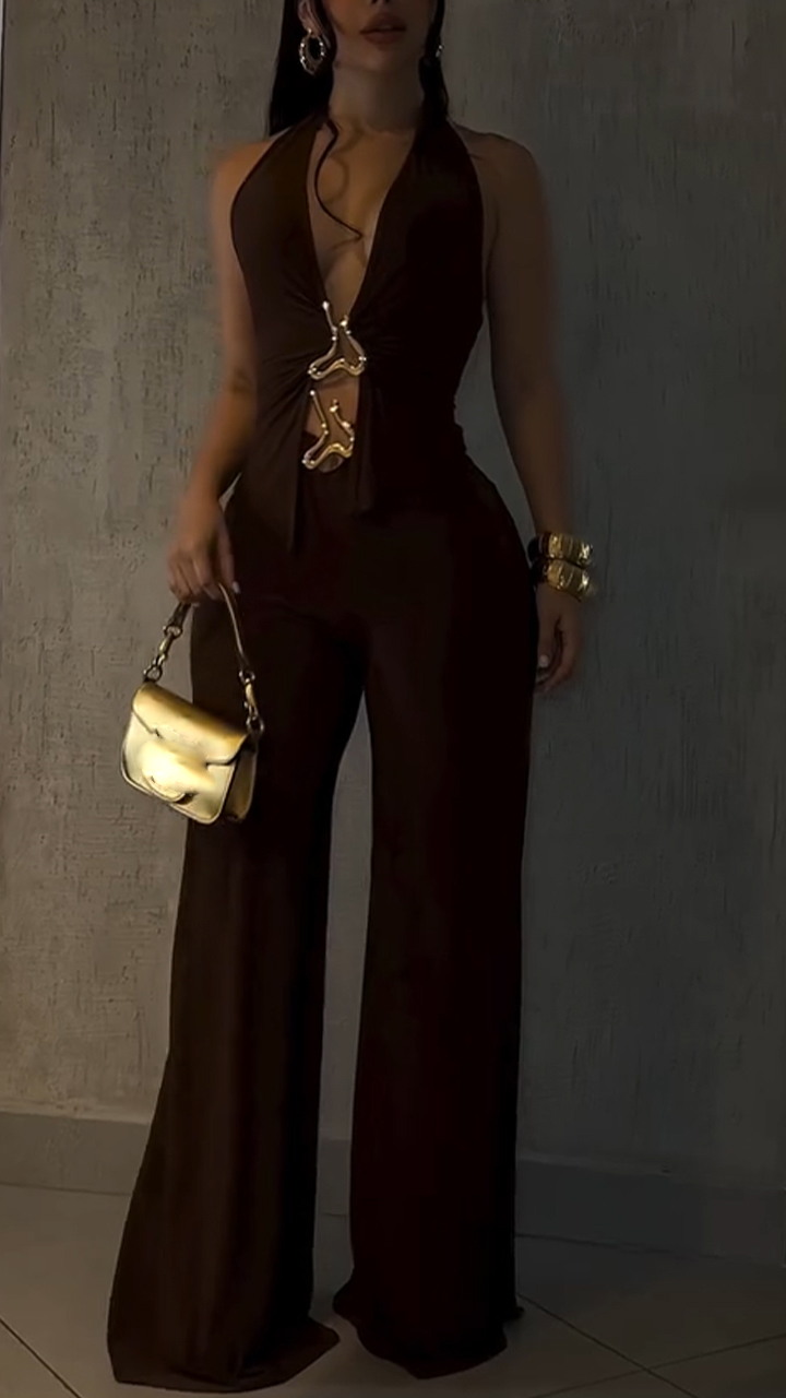 Women Halter Neck Hollow Metal Buckle Decorated Top + Pants Sexy Temperament Casual Suit