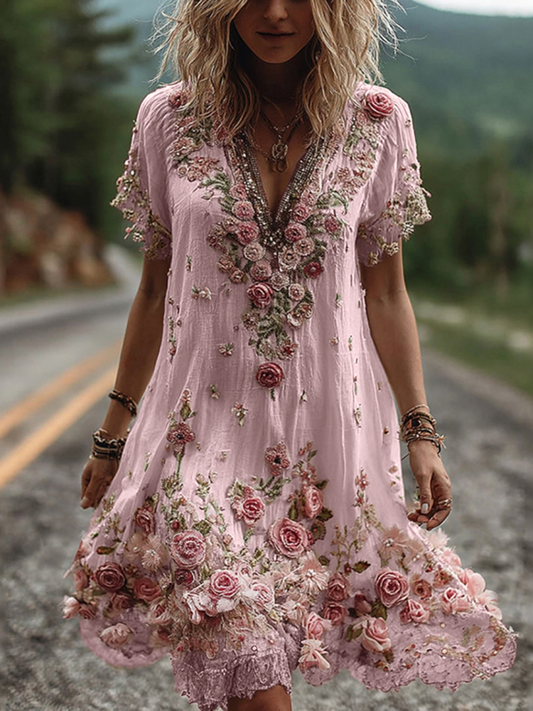 Vintage Floral Embroidery Short-sleeved Dress