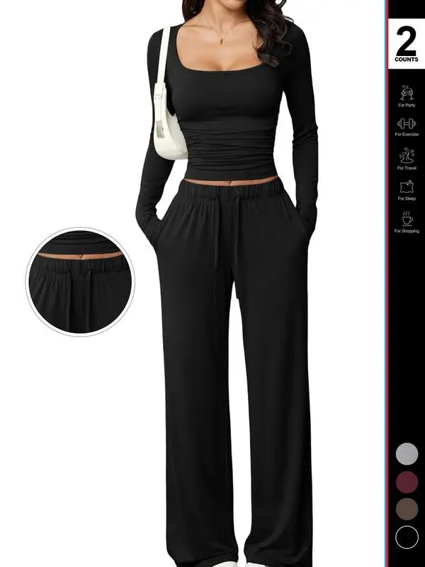 Women’s 2-Piece Lounge Set Square Neck Crop Top & Wide Leg Pants