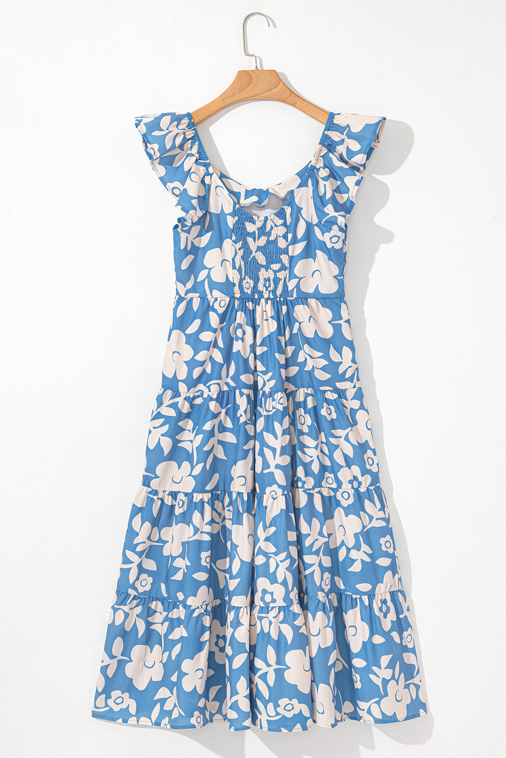 Sky Blue Floral U Neck Sleeveless Tiered Flowy Midi Dress