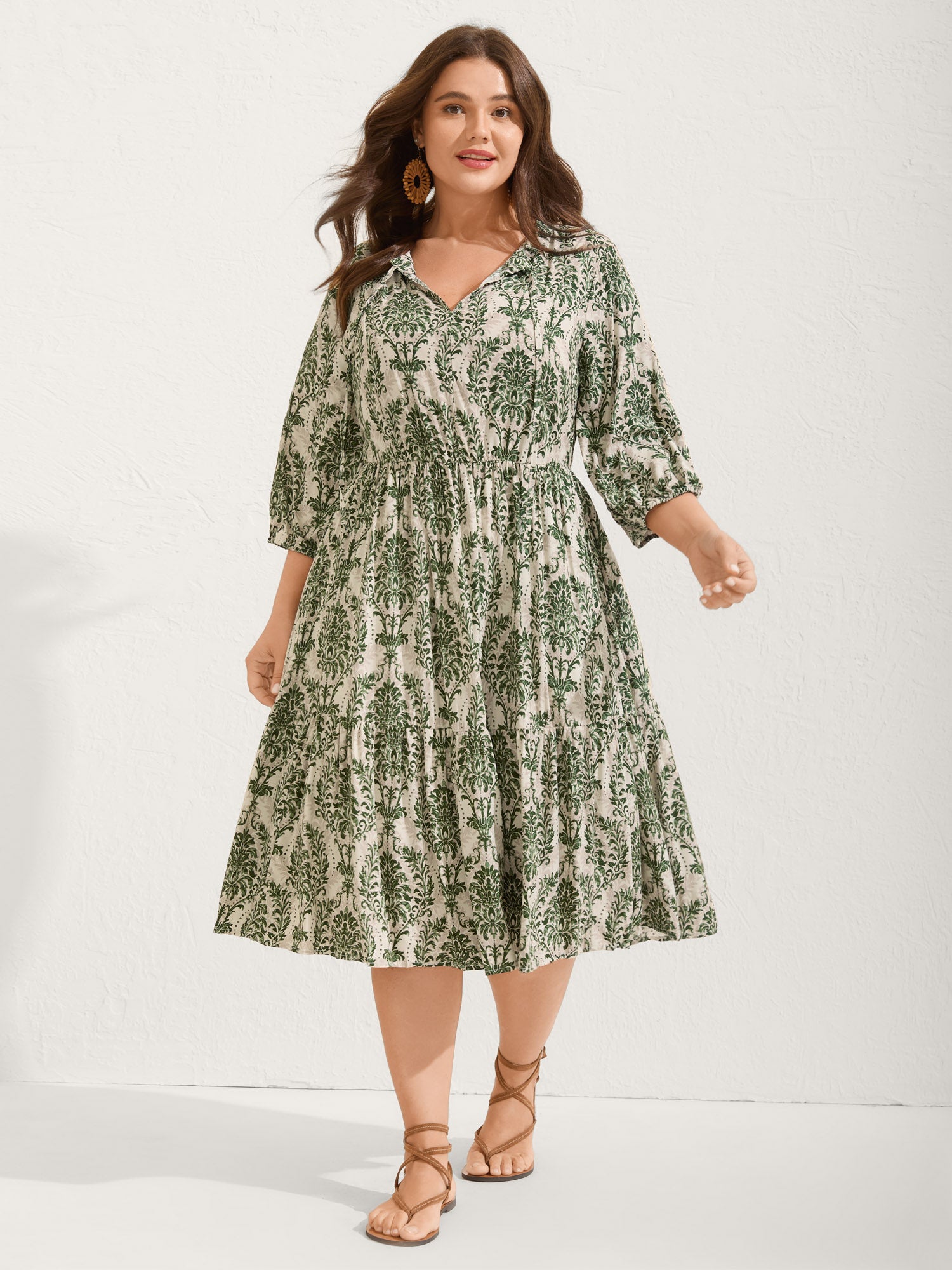 Damask Print Tie Knot Puff Sleeve Dress