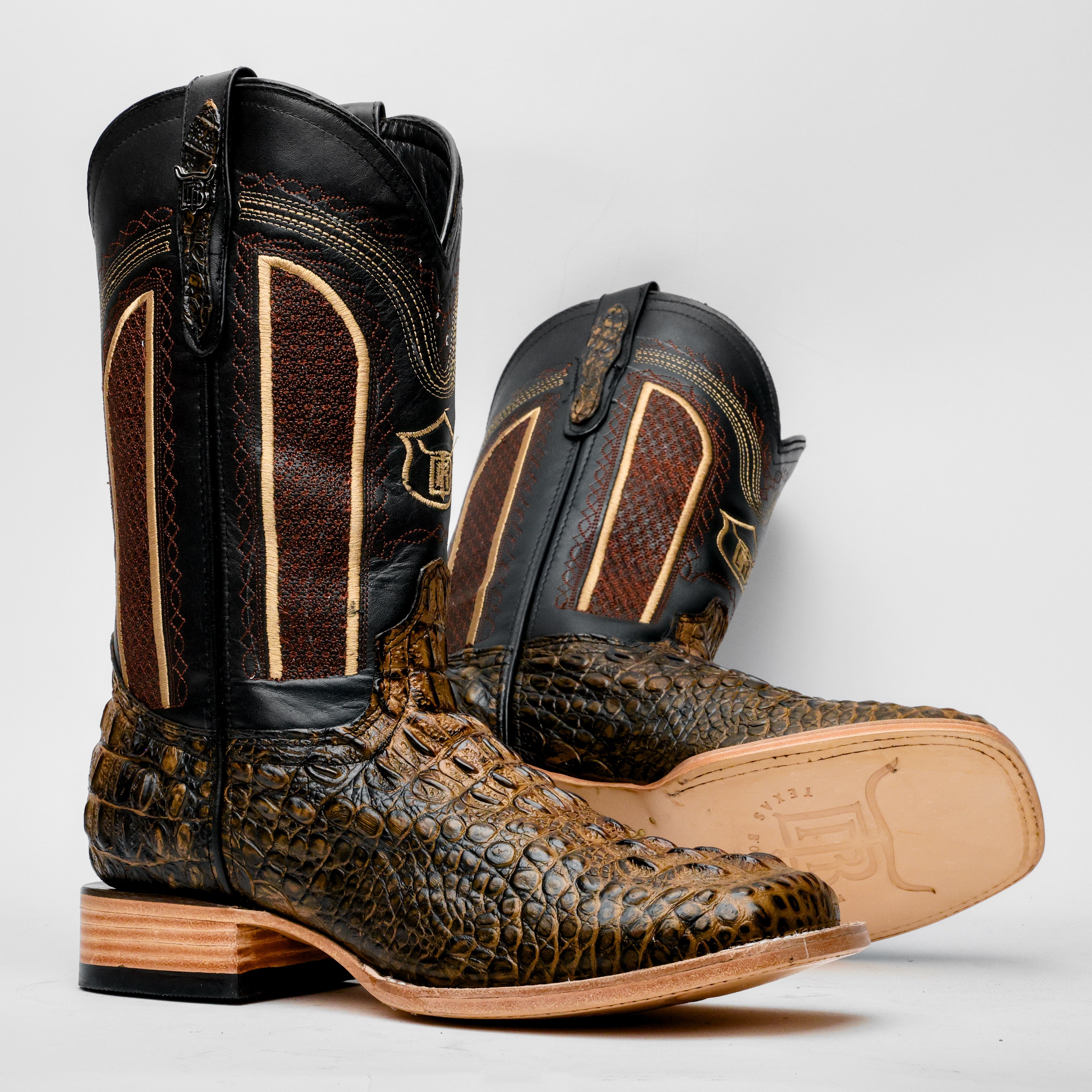 Honey Caiman Neck Leather Boots - Square Toe