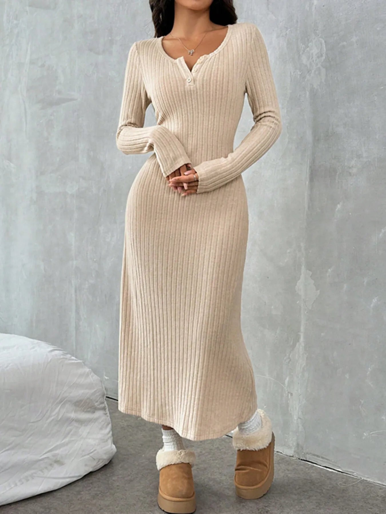 Ribbed Long Sleeve Knit Dress