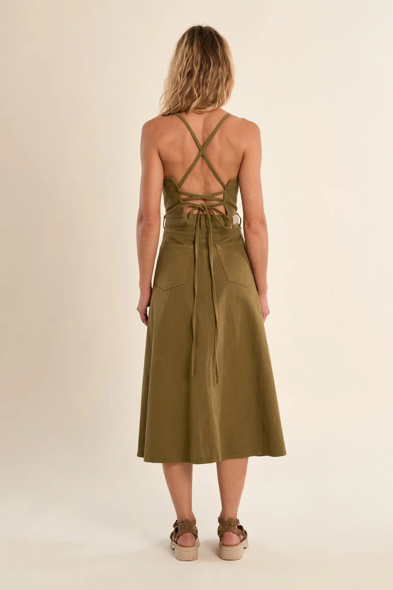 Tie Back Denim Dress in Khaki
