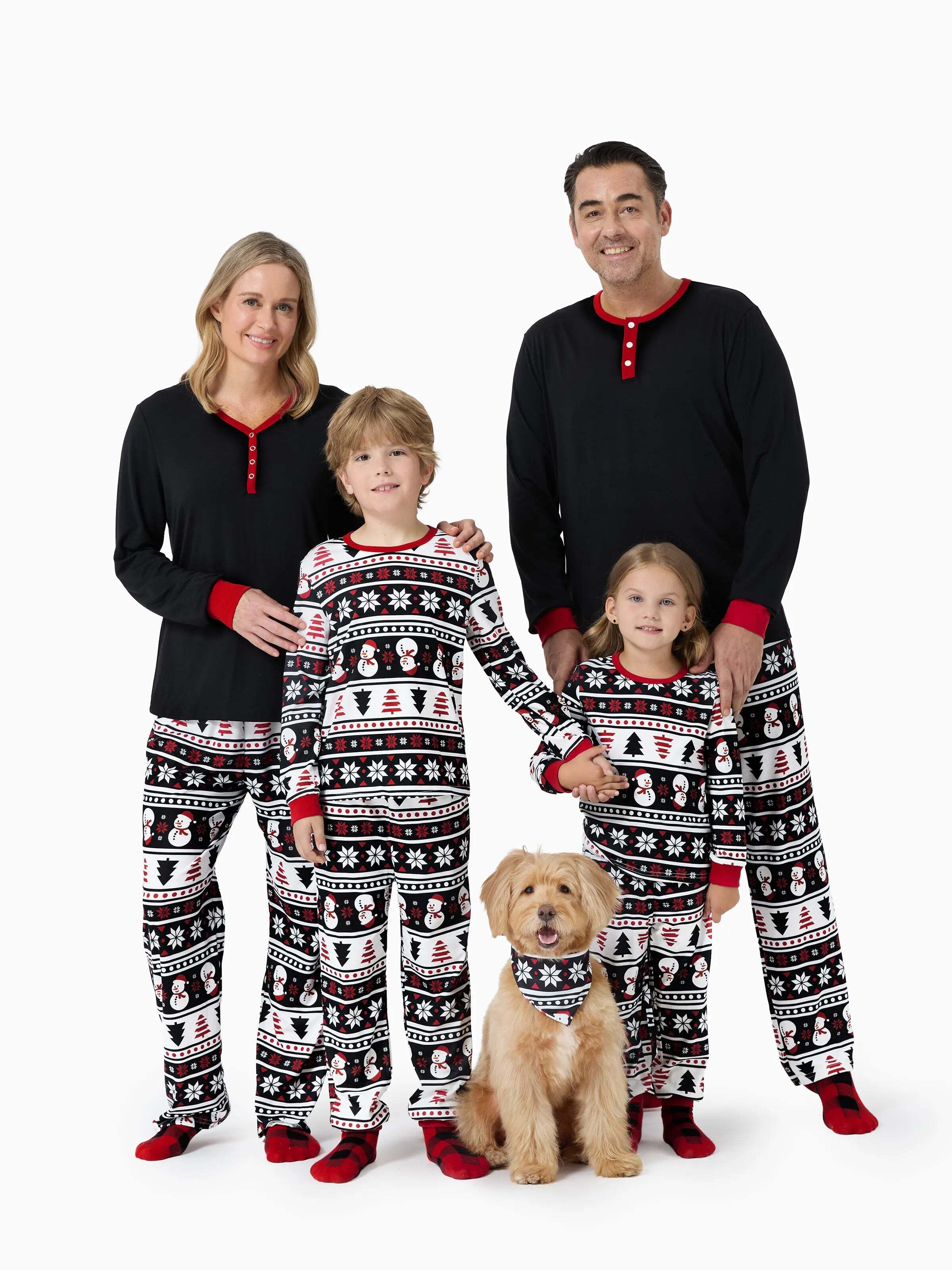 Christmas Matching Family Pajamas Set Snowman and Christmas Tree Print Black PJS with Christmas Socks Black