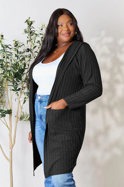 Full Size Ribbed Open Front Long Sleeve Cardigan