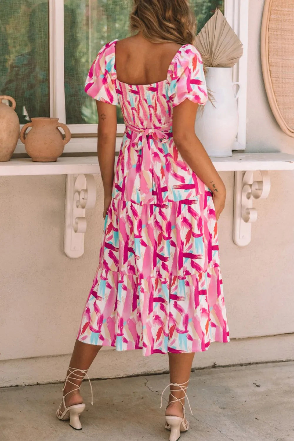 Geometric Print Puff Sleeve Square Neck Midi Dress