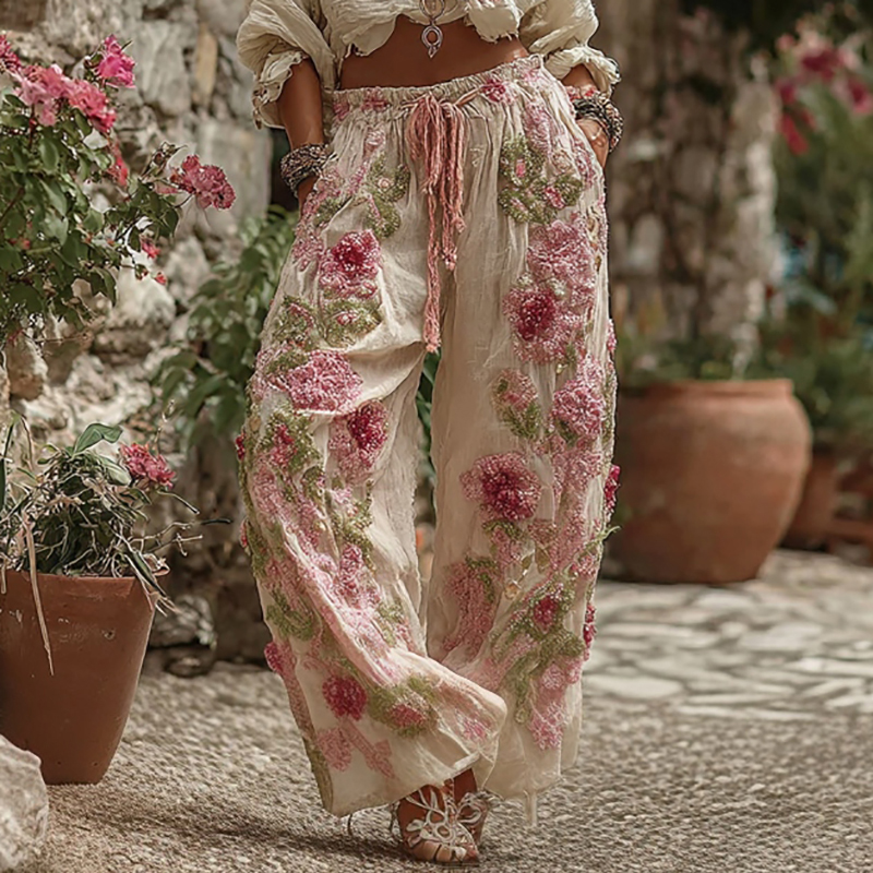 Classic Bohemian Style Pink Rose Vintage Casual Pants