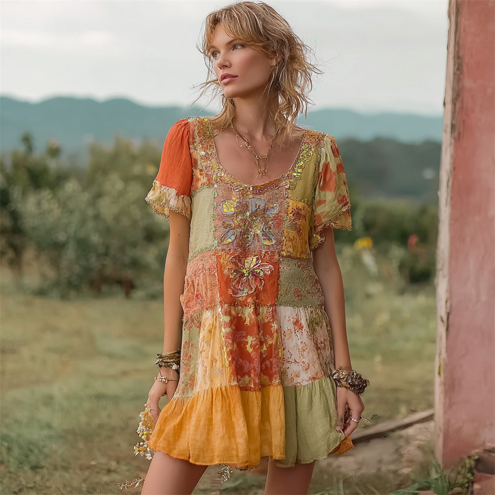 Boho Sunset Floral Patchwork Women's Short Sleeve Mini Dress