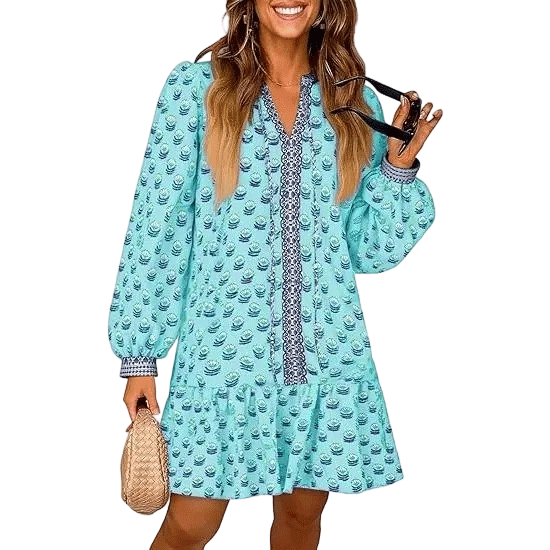 Women’s Floral Boho Babydoll Mini Dress – Long Sleeve Casual V-Neck with Pockets
