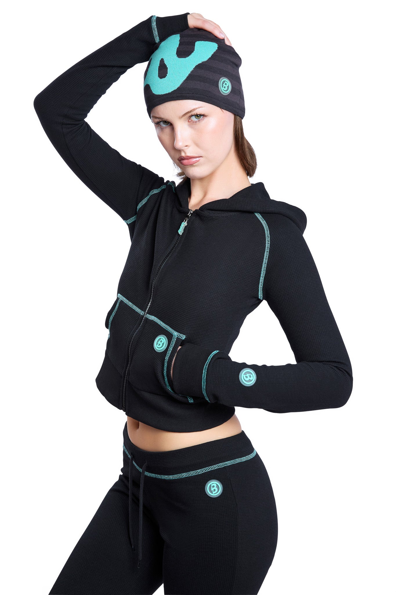 WAFFLE KNIT HOODIE (BLACK/TIFFANY BLUE)