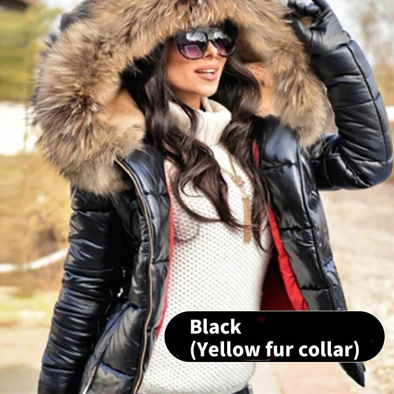 Women's casual warm large fur collar hooded jacket