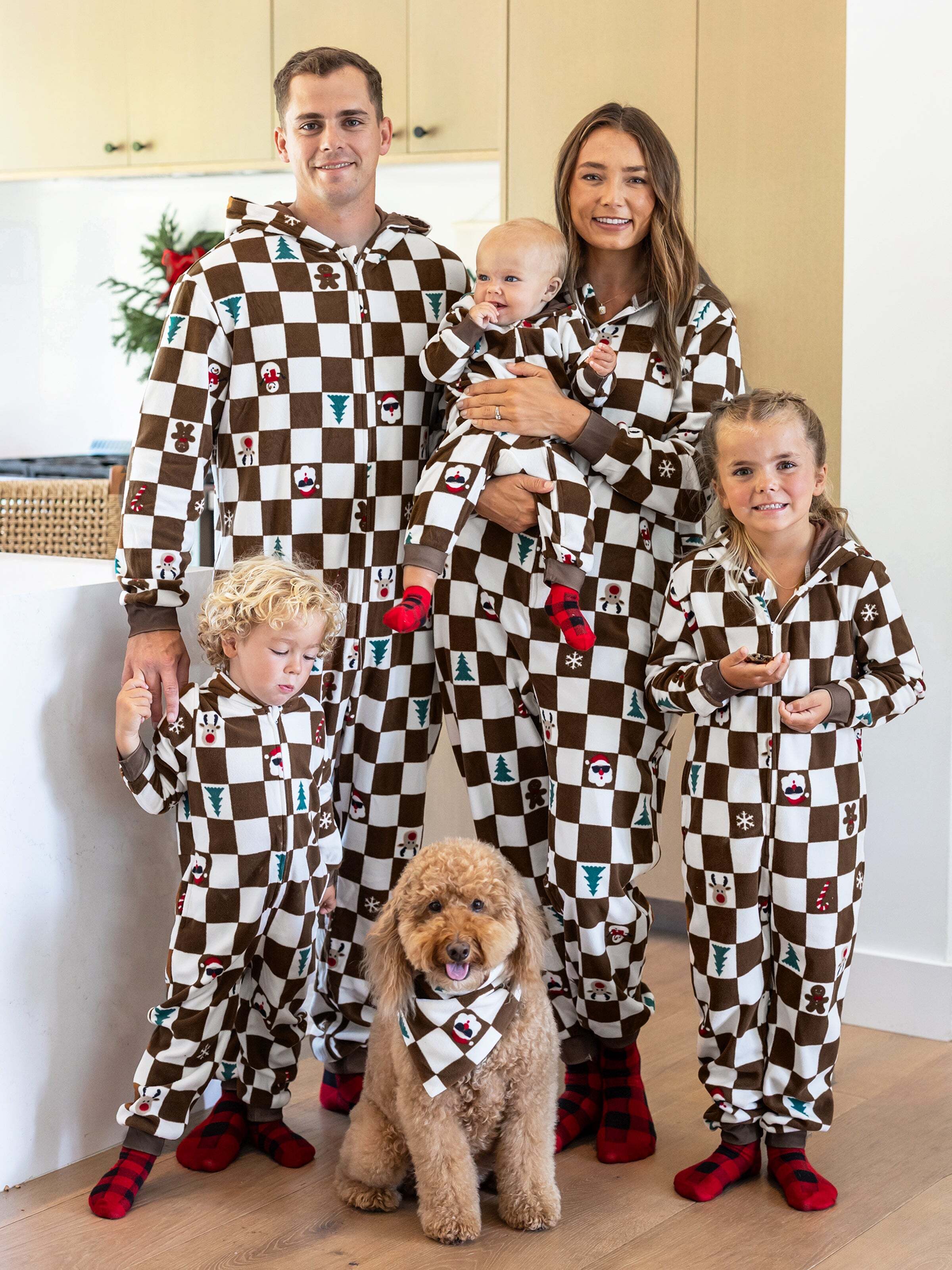 Christmas Onesies Matching Family Fleece Hoodie Pajamas Set Gingerbread Christmas-theme Plaid Print PJS with Christmas Socks Color block