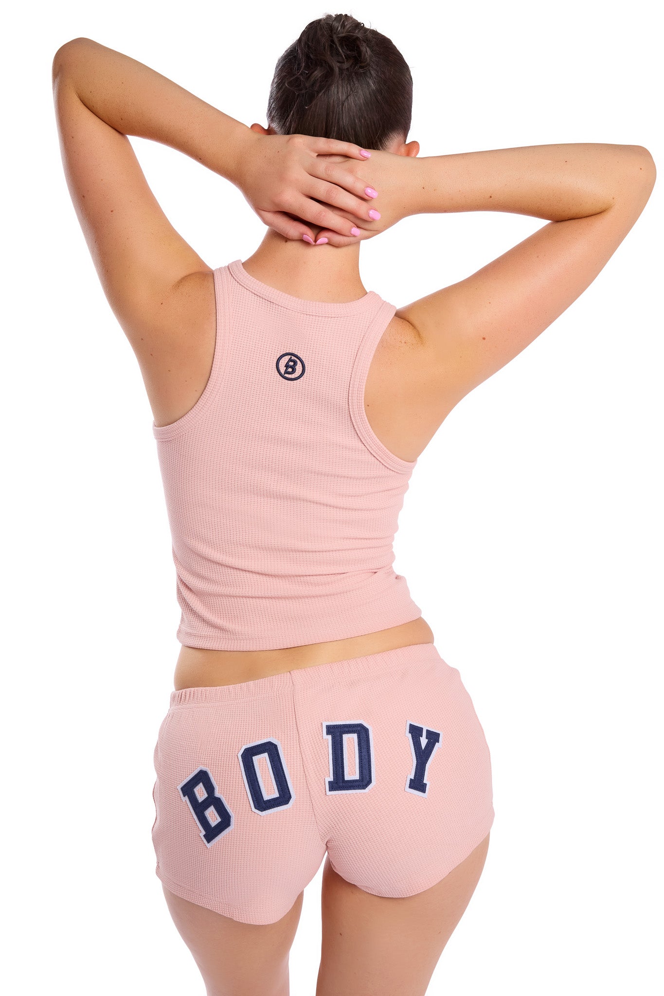 WAFFLE KNIT RACERBACK TOP (PASTEL PINK/NAVY)