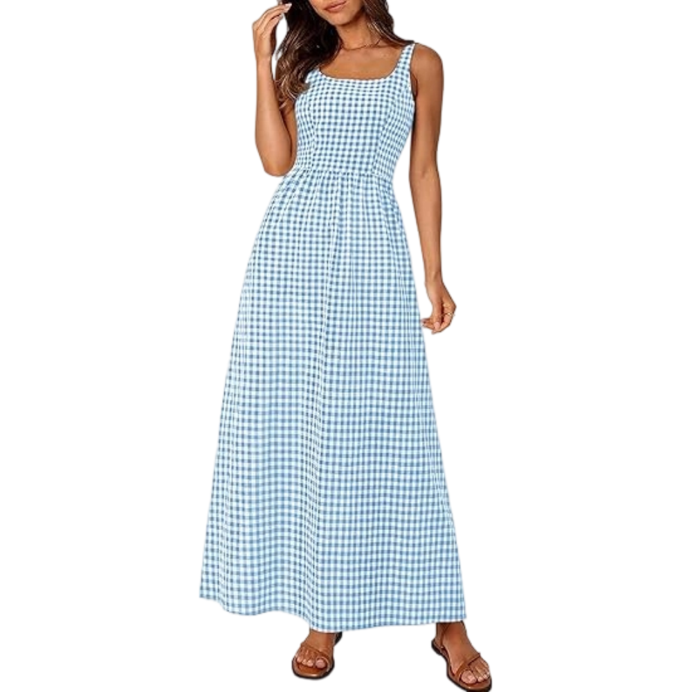 Women's Plaid Square Neck Maxi Dress, Spaghetti Strap A-Line Casual Beach Sundress