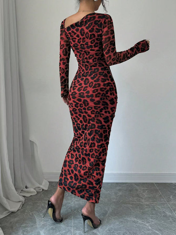 New Women's Round Neck Long Sleeve Leopard Print High Waist Hottie Dress