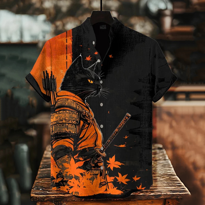 Men's Black Cat Warrior And Maple Leaf Temple Print Casual Shirt