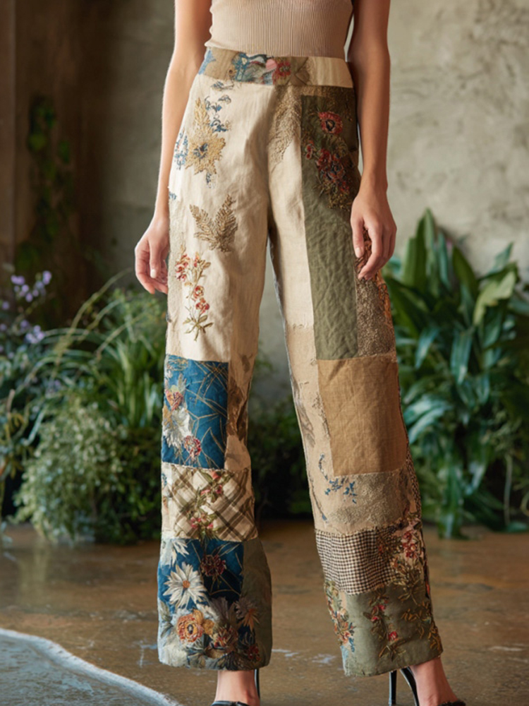 Women's Retro Bohemian Floral Patchwork Linen Trousers