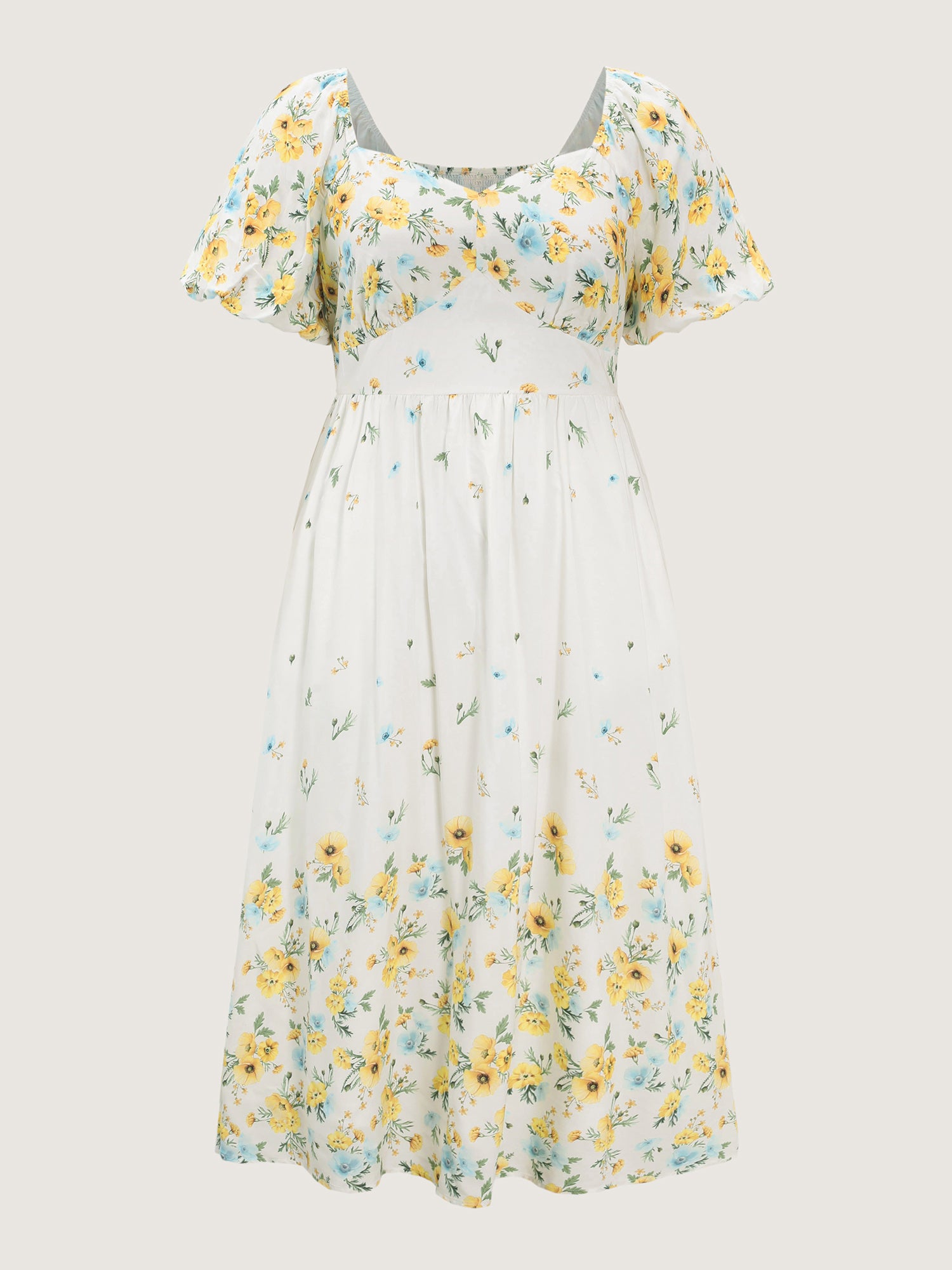 Floral Print Shirred Bodice Triangular Waist Midi Dress