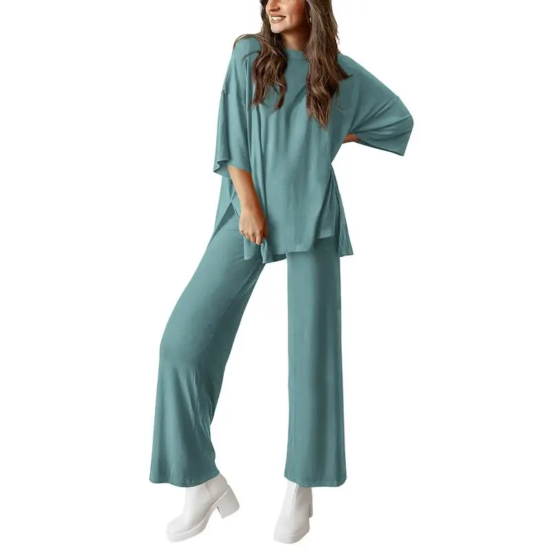 Women's 2-Piece Outfits Short Sleeve Pullover Tops Split Hem Wide Leg Pants Lounge Sets