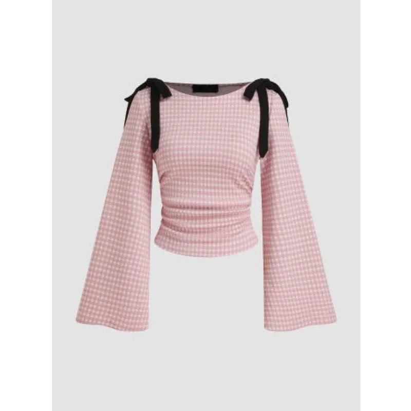 Gingham Bowknot Ruched Long Sleeve Top