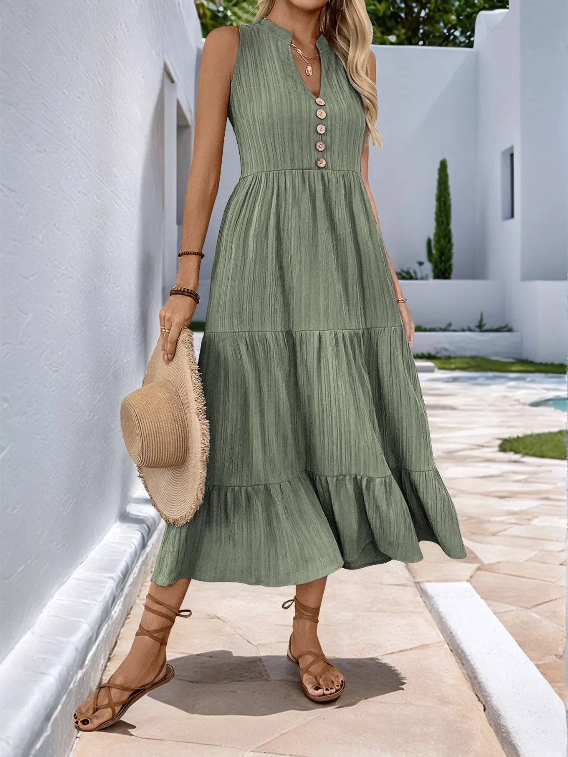 Notched Sleeveless Midi Tiered Dress