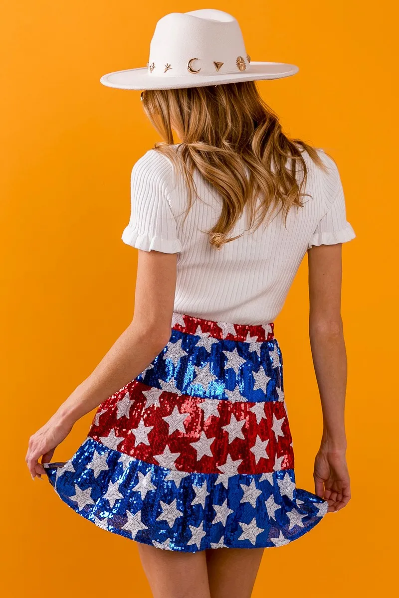 American Flag Theme Star Sequin Tiered Skirt