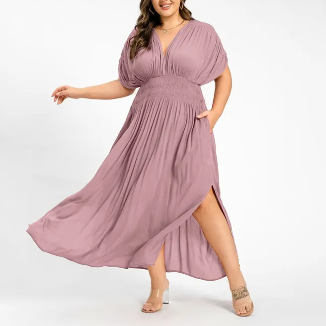 Plus Size Summer V-Neck Batwing Sleeve Maxi Dress with Ruched Waist