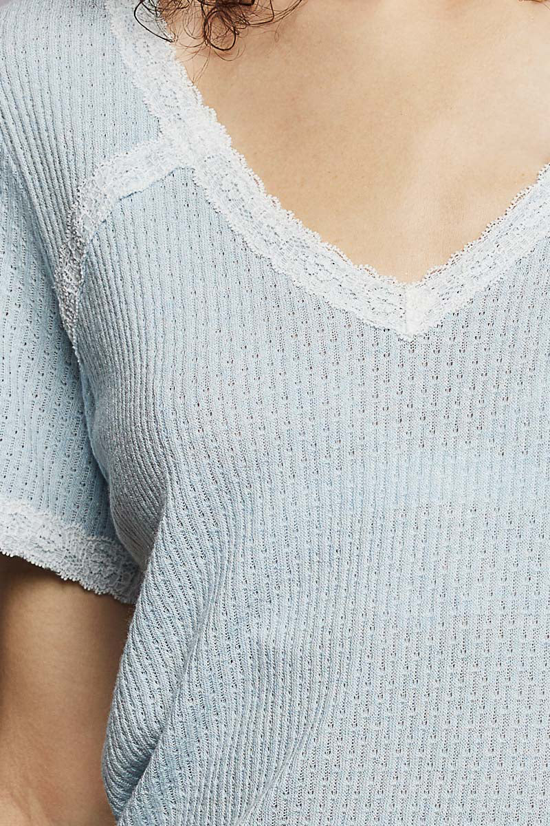POL Lace Detail V-Neck Short Sleeve Textured T-Shirt