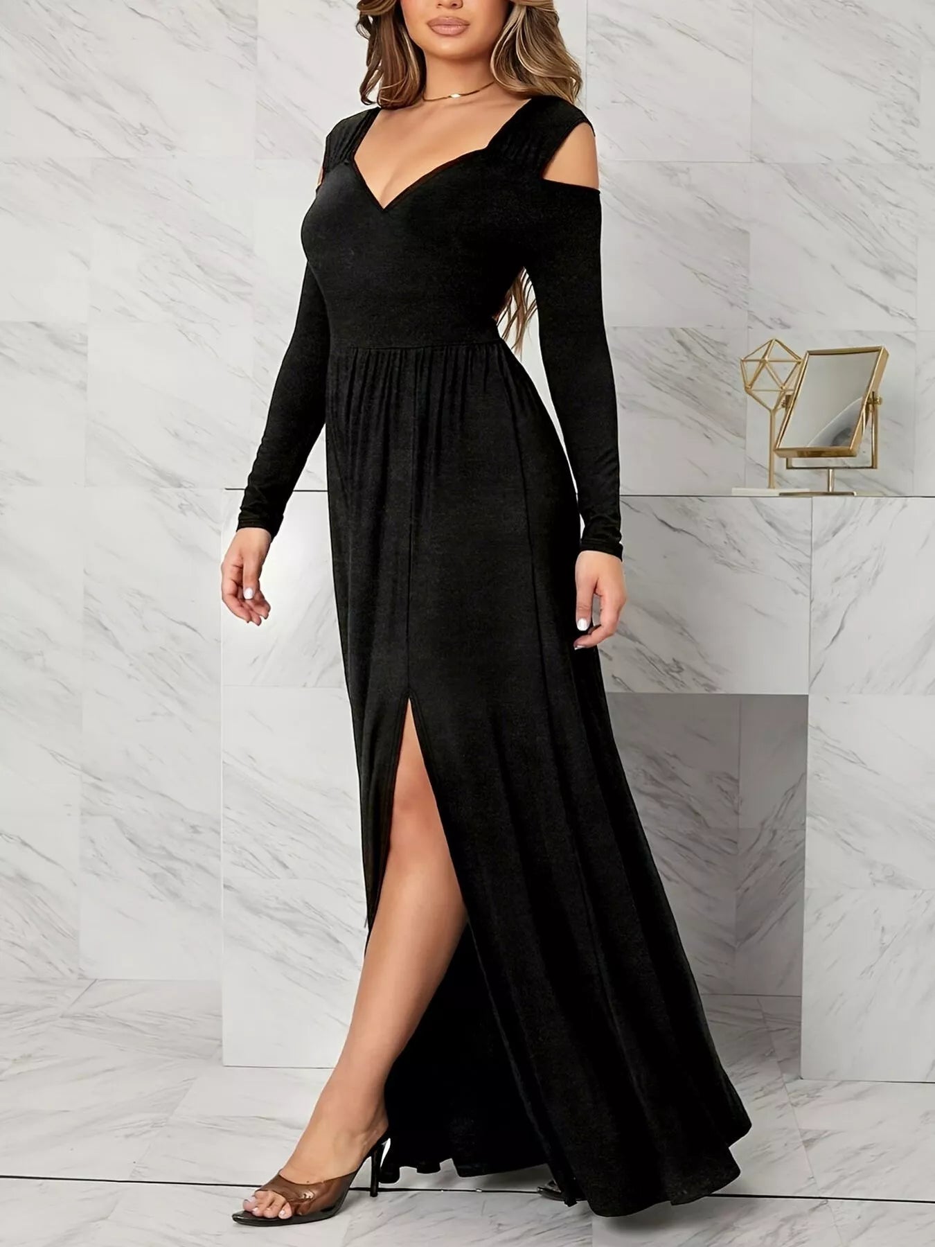 Elegant Cold Shoulder Slit Maxi Dress
