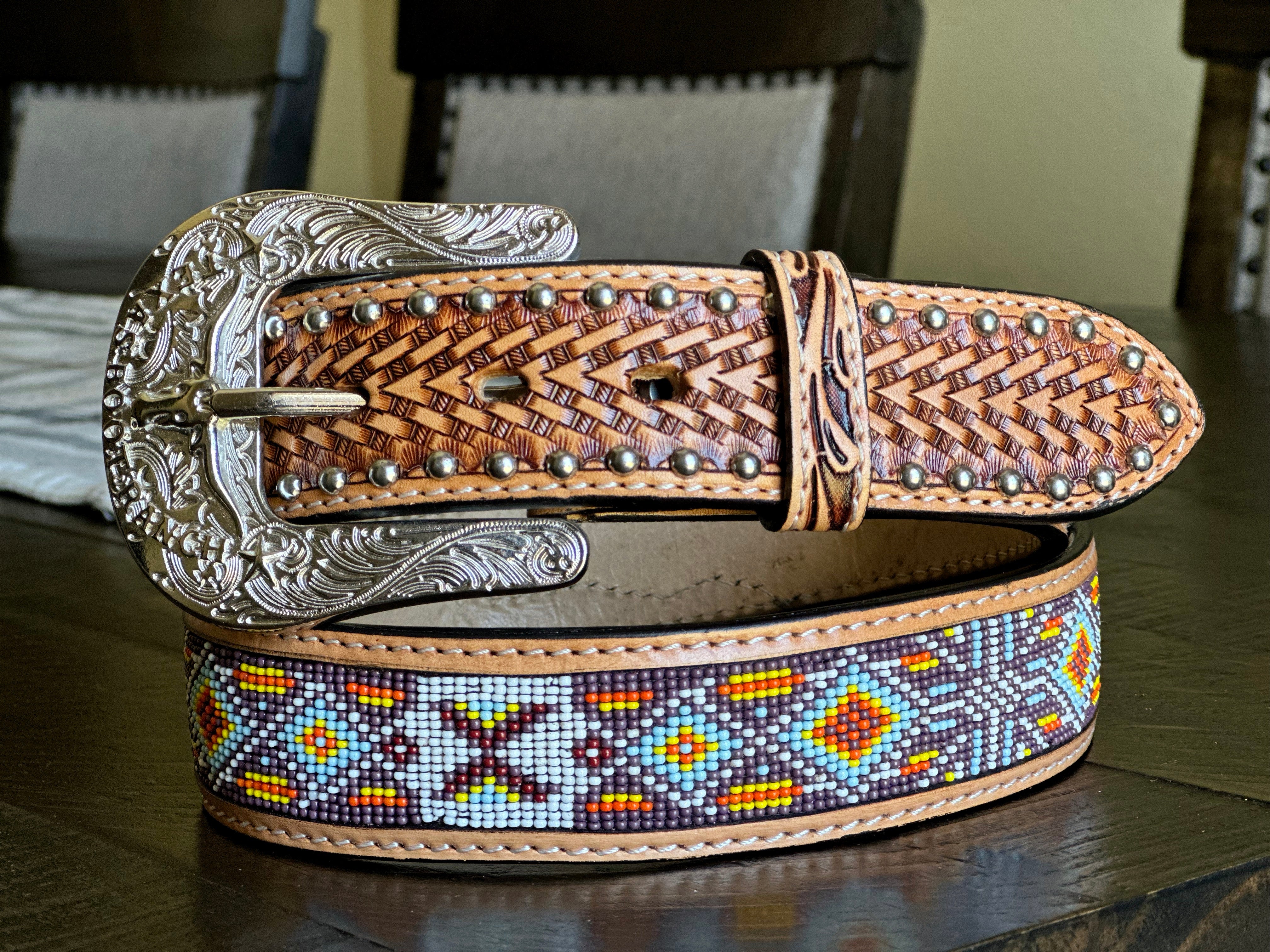 Honey Hand-Tooled Artesanal Tabs With Silver Studs Beaded Leather Belt