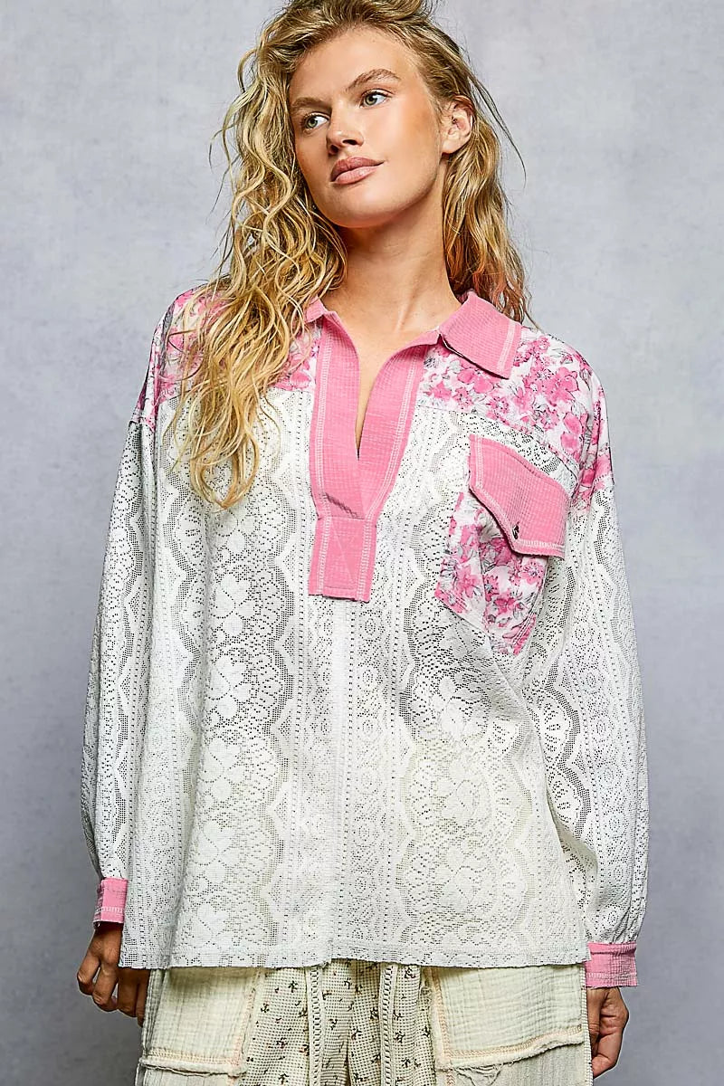 POL Floral Print Long Sleeve Lace Shirt with Front Pocket