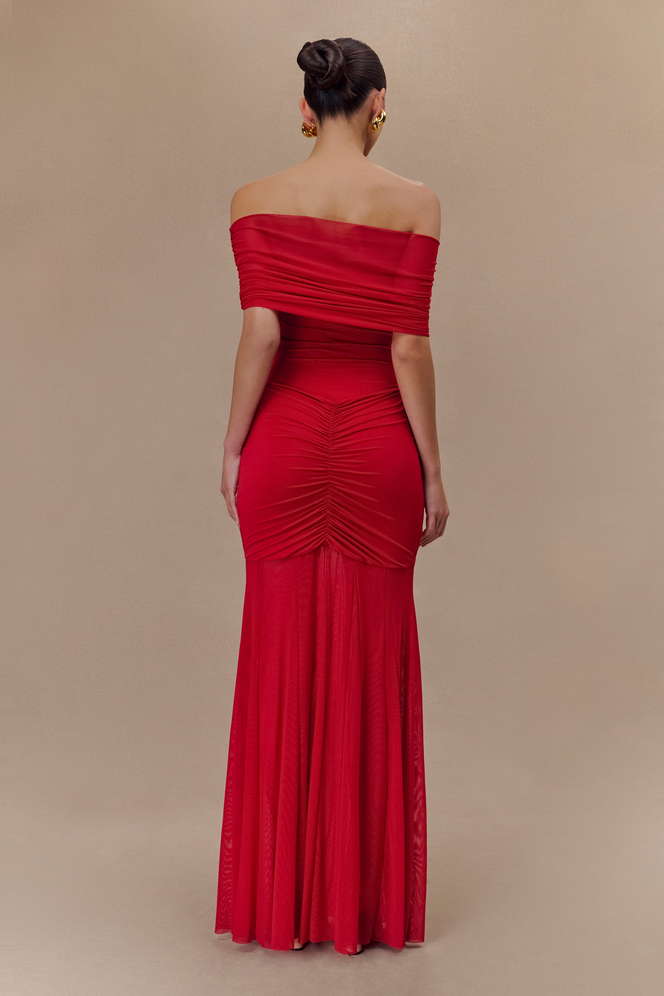 Ruby Slinky And Mesh Off Shoulder Maxi Dress