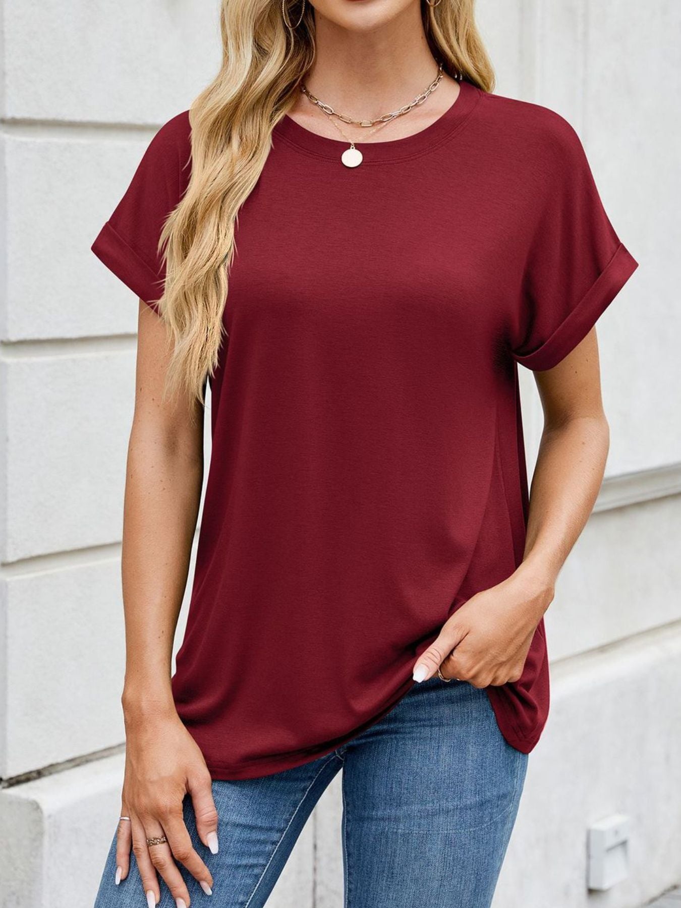 Casual Rolled Sleeve Solid Color T-Shirt