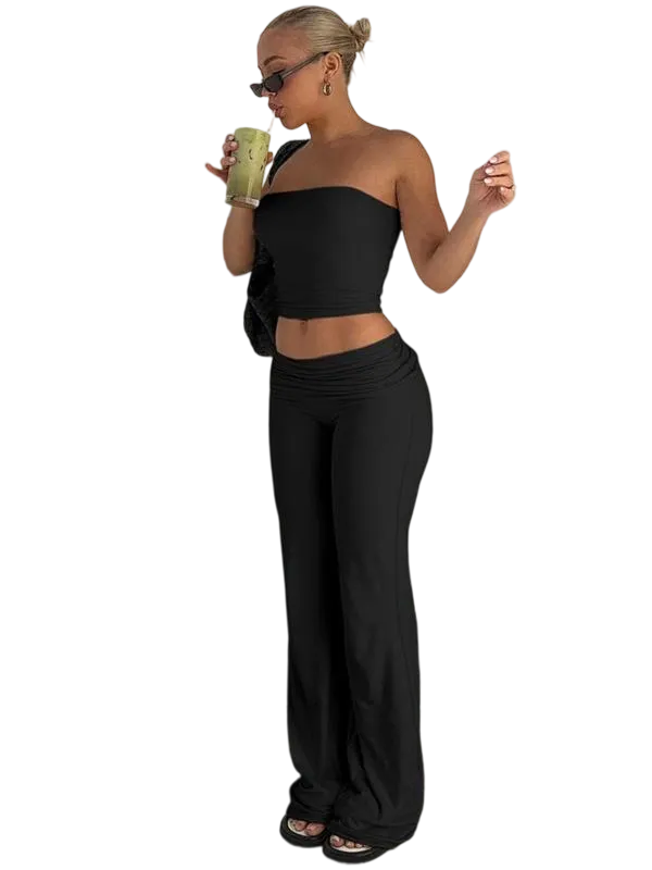 Two-Piece Set Women's Solid Crop Tube Top & Foldover Waist Flare Leg Pants
