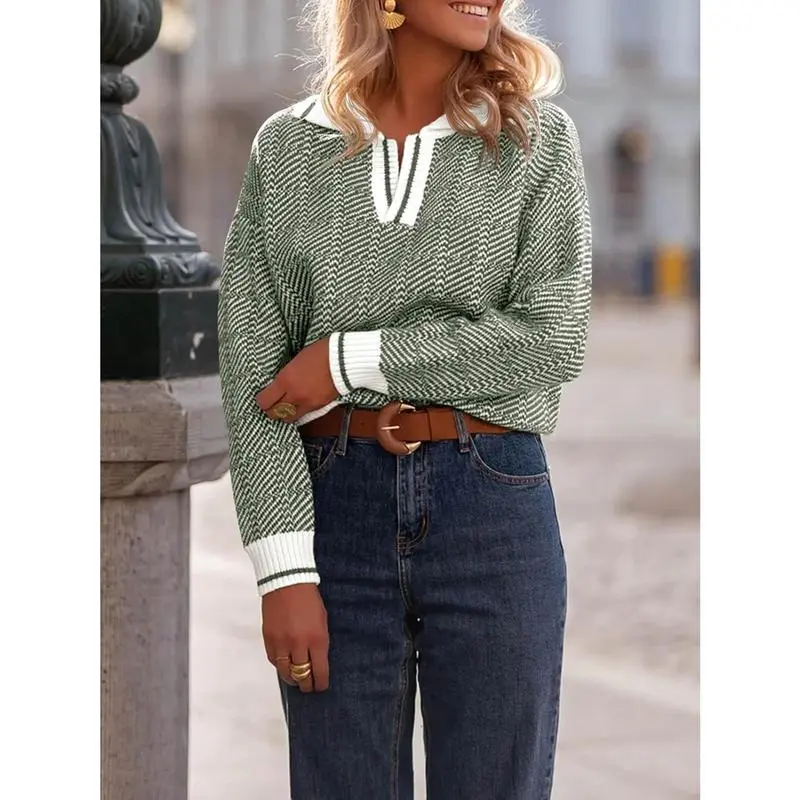 Womens V Neck Knit Sweater Color Block Long Sleeve